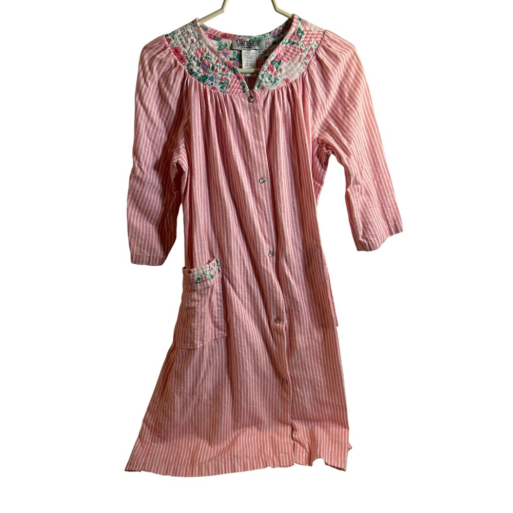 Vandemere House Dress Medium Pink Striped Floral Quilted Duster Womens